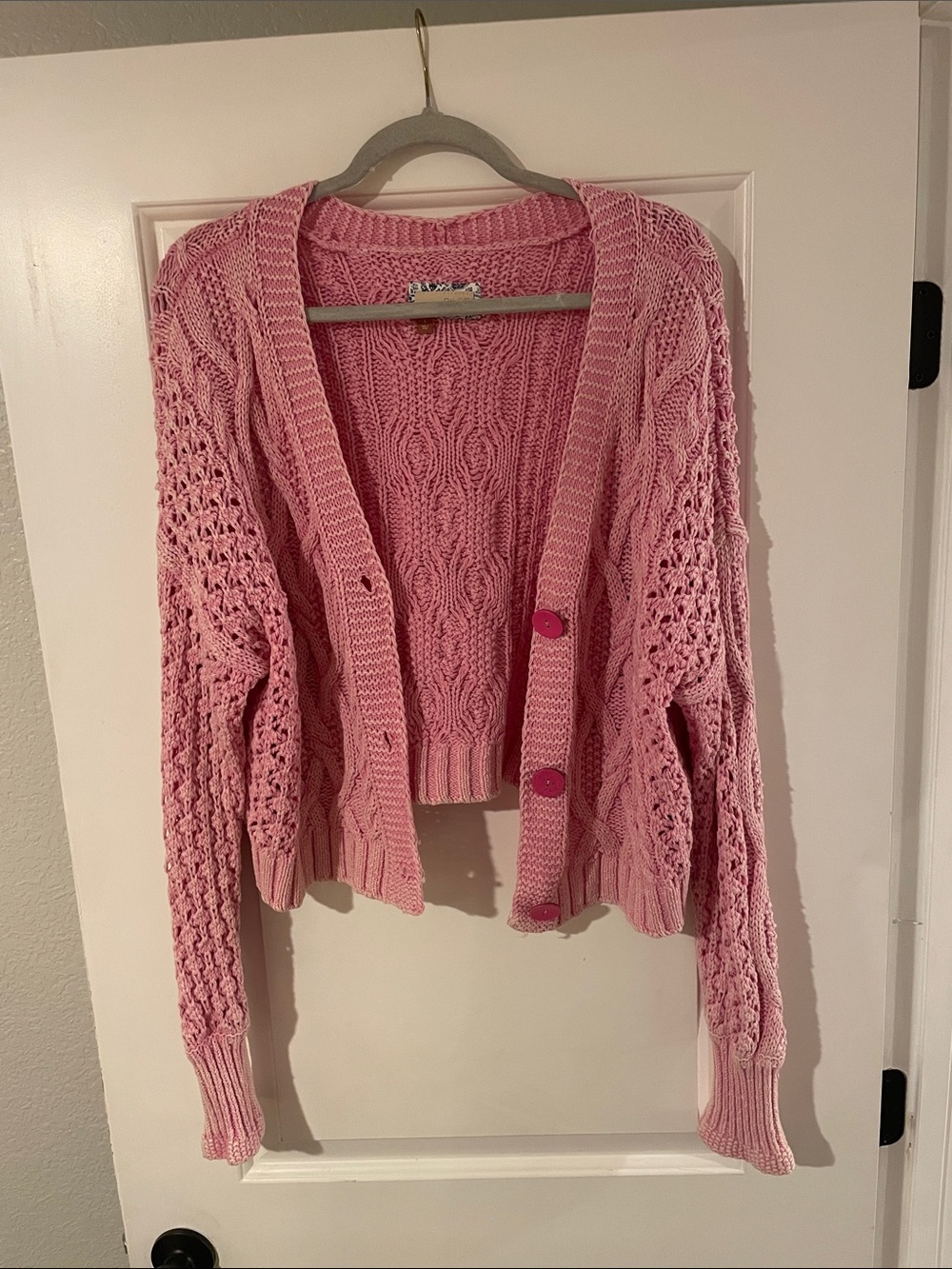 Anthropologie Pink Cable & Lace Knit Cardigan